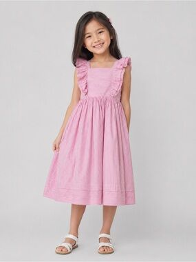 Jacadi pink striped girls dress featuring delicate ruffle straps